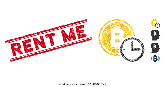 Mosaic Bitcoin credit time icon and red Rent Me stamp between double parallel lines. Flat vector Bitcoin credit time mosaic icon of randomized rotated rectangle items.