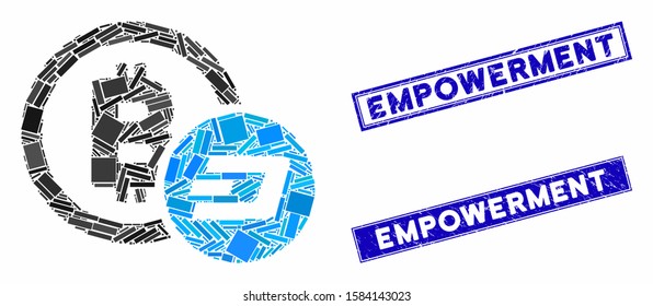 Mosaic Bitcoin and Dash icon and rectangular Empowerment seal stamps. Flat vector Bitcoin and Dash mosaic pictogram of scattered rotated rectangular items.