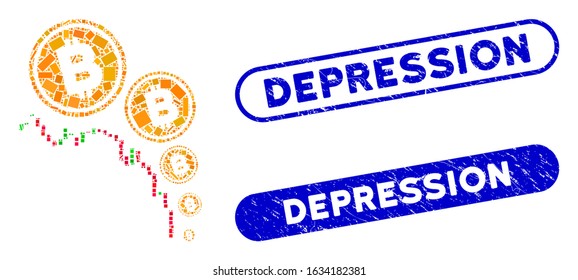 Mosaic Bitcoin deflation chart and distressed stamp seals with Depression phrase. Mosaic vector Bitcoin deflation chart is composed with scattered rectangle items.