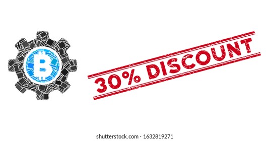 Mosaic Bitcoin development gear icon and red 30% Discount watermark between double parallel lines. Flat vector Bitcoin development gear mosaic icon of randomized rotated rectangle elements.