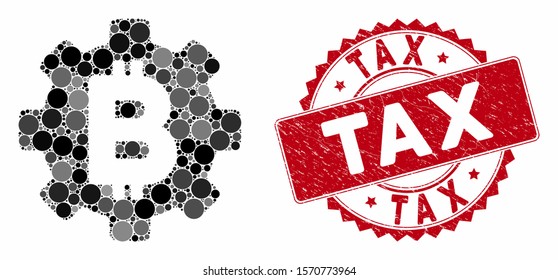 Mosaic Bitcoin development gear and rubber stamp seal with Tax text. Mosaic vector is formed with Bitcoin development gear icon and with random circle elements. Tax stamp seal uses red color,