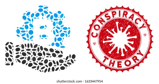 Mosaic Bitcoin development service hand icon and red rounded distressed stamp watermark with Conspiracy Theory caption and coronavirus symbol.
