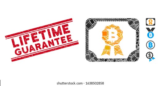 Mosaic Bitcoin diploma icon and red Lifetime Guarantee rubber print between double parallel lines. Flat vector Bitcoin diploma mosaic icon of scattered rotated rectangle items.