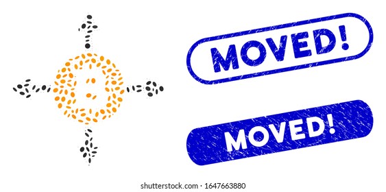 Mosaic Bitcoin directions and rubber stamp seals with Moved! text. Mosaic vector Bitcoin directions is composed with random elliptic items.  