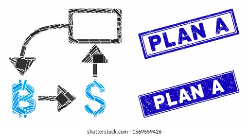 Mosaic Bitcoin dollar flow chart icon and rectangle seals. Flat vector Bitcoin dollar flow chart mosaic icon of random rotated rectangle elements. Blue caption stamp imprints with grunge textures.