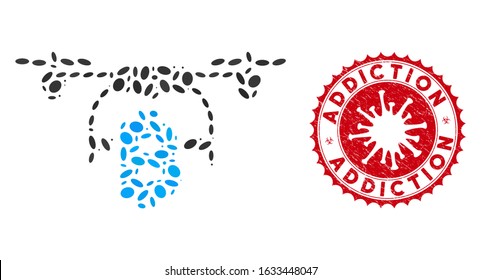Mosaic Bitcoin drone delivery icon and red round rubber stamp watermark with Addiction text and coronavirus symbol.