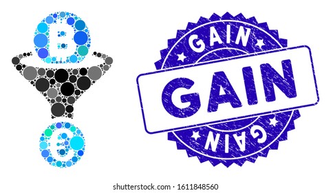 Mosaic Bitcoin Euro conversion funnel icon and distressed stamp seal with Gain text. Mosaic vector is designed with Bitcoin Euro conversion funnel pictogram and with scattered round items.