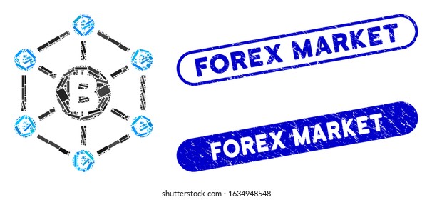 Mosaic Bitcoin Euro network and corroded stamp seals with Forex Market text. Mosaic vector Bitcoin Euro network is composed with randomized rectangle items. Forex Market stamp seals use blue color,