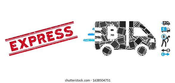 Mosaic Bitcoin express car icon and red Express stamp between double parallel lines. Flat vector Bitcoin express car mosaic icon of random rotated rectangular elements.