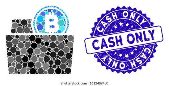 Mosaic Bitcoin folder icon and grunge stamp watermark with Cash Only phrase. Mosaic vector is composed from Bitcoin folder icon and with random circle items. Cash Only stamp seal uses blue color,