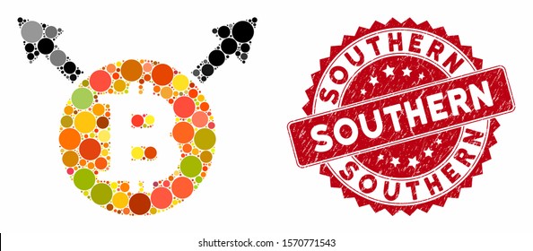 Mosaic Bitcoin fork and corroded stamp seal with Southern caption. Mosaic vector is created with Bitcoin fork icon and with randomized spheric items. Southern seal uses red color, and grunged design.