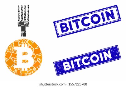 Mosaic Bitcoin fork icon and rectangle stamps. Flat vector Bitcoin fork mosaic icon of scattered rotated rectangle items. Blue caption seal stamps with scratched textures.