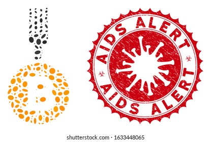 Mosaic Bitcoin fork icon and red rounded rubber stamp seal with AIDS Alert phrase and coronavirus symbol. Mosaic vector is created with Bitcoin fork icon and with scattered elliptic items.