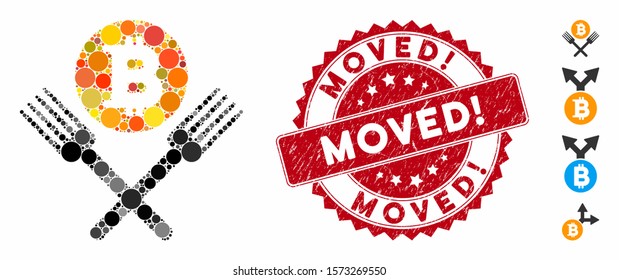 Mosaic Bitcoin forks icon and grunge stamp seal with Moved! phrase. Mosaic vector is created with Bitcoin forks pictogram and with randomized spheric items. Moved! stamp seal uses red color,