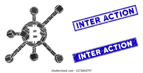 Mosaic Bitcoin full node pictogram and rectangular Inter Action seals. Flat vector Bitcoin full node mosaic icon of scattered rotated rectangular elements.