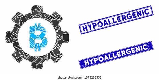 Mosaic Bitcoin gear pictogram and rectangle Hypoallergenic seal stamps. Flat vector Bitcoin gear mosaic pictogram of randomized rotated rectangle elements.