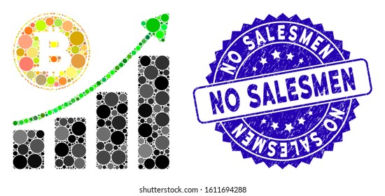 Mosaic Bitcoin growing chart icon and rubber stamp watermark with No Salesmen text. Mosaic vector is created from Bitcoin growing chart icon and with randomized spheric items.