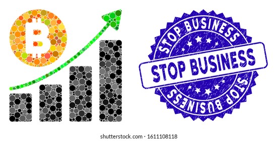 Mosaic Bitcoin growing trend icon and distressed stamp seal with Stop Business phrase. Mosaic vector is designed with Bitcoin growing trend icon and with randomized spheric elements.