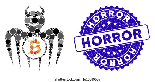 Mosaic Bitcoin happy spectre devil icon and corroded stamp seal with Horror text. Mosaic vector is composed with Bitcoin happy spectre devil icon and with randomized spheric items.