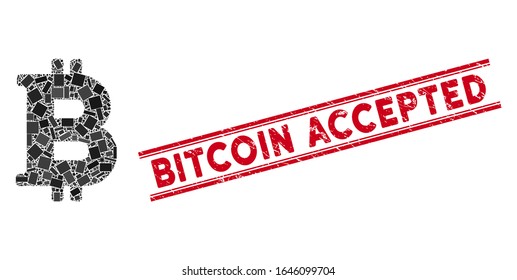 Mosaic Bitcoin icon and red Bitcoin Accepted seal stamp between double parallel lines. Flat vector Bitcoin mosaic icon of randomized rotated rectangular elements.