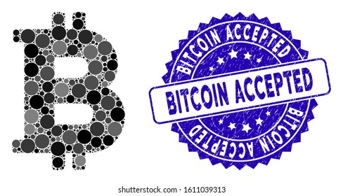 Mosaic Bitcoin icon and rubber stamp seal with Bitcoin Accepted text. Mosaic vector is formed with Bitcoin icon and with random spheric spots. Bitcoin Accepted stamp seal uses blue color,