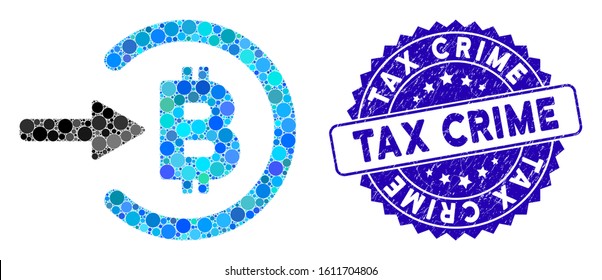 Mosaic Bitcoin income icon and grunge stamp seal with Tax Crime caption. Mosaic vector is composed from Bitcoin income icon and with randomized circle items. Tax Crime stamp uses blue color,
