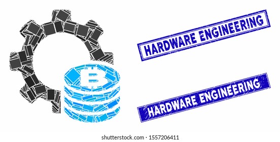 Mosaic Bitcoin industry gear pictogram and rectangular rubber prints. Flat vector Bitcoin industry gear mosaic pictogram of scattered rotated rectangular elements.