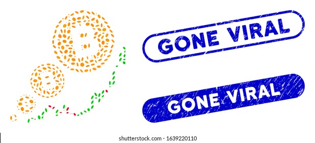 Mosaic Bitcoin inflation chart and corroded stamp seals with Gone Viral caption. Mosaic vector Bitcoin inflation chart is created with scattered elliptic dots. Gone Viral stamp seals use blue color,