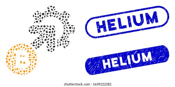Mosaic Bitcoin integration cog and rubber stamp seals with Helium caption. Mosaic vector Bitcoin integration cog is designed with scattered oval dots. Helium stamp seals use blue color,