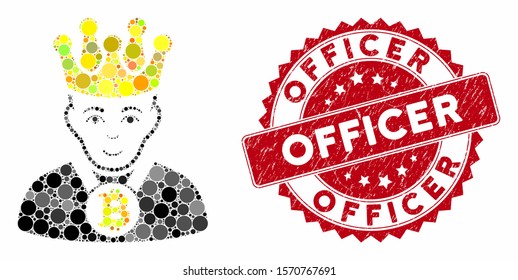 Mosaic Bitcoin king and rubber stamp seal with Officer text. Mosaic vector is composed with Bitcoin king icon and with randomized round spots. Officer stamp uses red color, and rubber surface.