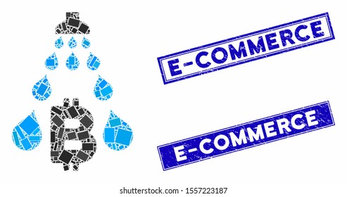 Mosaic Bitcoin laundering shower icon and rectangular watermarks. Flat vector Bitcoin laundering shower mosaic icon of randomized rotated rectangular elements. Blue caption stamps with grunge surface.