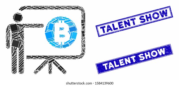Mosaic Bitcoin lecture board icon and rectangular Talent Show seal stamps. Flat vector Bitcoin lecture board mosaic icon of random rotated rectangular elements.