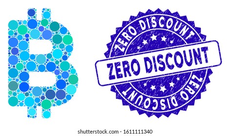 Mosaic Bitcoin letter icon and rubber stamp seal with Zero Discount text. Mosaic vector is designed with Bitcoin letter icon and with random circle spots. Zero Discount stamp seal uses blue color,