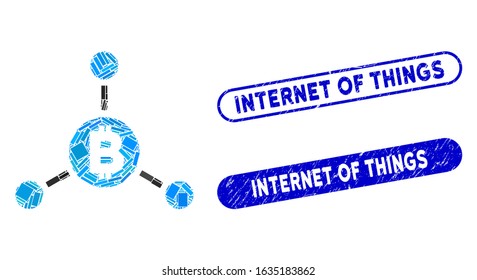Mosaic Bitcoin links and rubber stamp seals with Internet of Things text. Mosaic vector Bitcoin links is formed with random rectangle items. Internet of Things stamp seals use blue color,