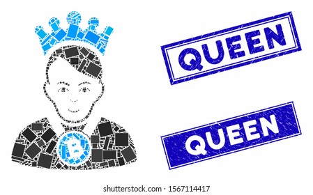 Mosaic Bitcoin lord pictogram and rectangular seal stamps. Flat vector Bitcoin lord mosaic pictogram of scattered rotated rectangle elements. Blue caption seal stamps with corroded textures.