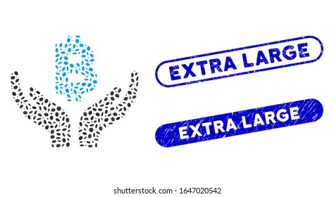 Mosaic Bitcoin maintenance hands and distressed stamp seals with Extra Large text. Mosaic vector Bitcoin maintenance hands is composed with random elliptic parts. Extra Large seals use blue color,