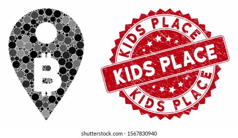 Mosaic Bitcoin map marker and distressed stamp seal with Kids Place text. Mosaic vector is composed with Bitcoin map marker icon and with scattered spheric items. Kids Place stamp seal uses red color,