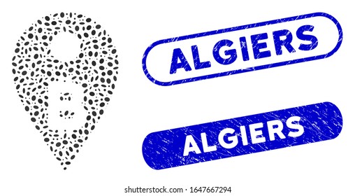 Mosaic Bitcoin map marker and distressed stamp seals with Algiers caption. Mosaic vector Bitcoin map marker is formed with scattered ellipse parts. Algiers stamp seals use blue color,