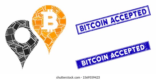 Mosaic Bitcoin map markers icon and rectangular rubber prints. Flat vector Bitcoin map markers mosaic icon of random rotated rectangular items. Blue caption rubber seals with grunge textures.
