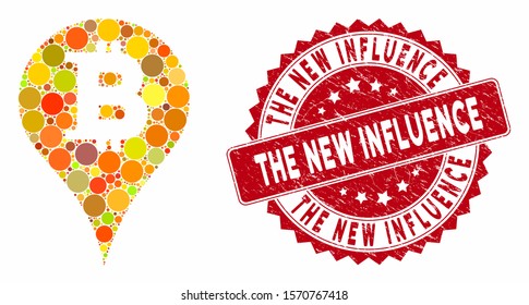 Mosaic Bitcoin marker and grunge stamp seal with The New Influence caption. Mosaic vector is designed with Bitcoin marker icon and with randomized circle elements.