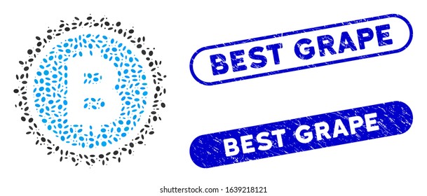 Mosaic Bitcoin medal coin and grunge stamp seals with Best Grape text. Mosaic vector Bitcoin medal coin is created with randomized oval parts. Best Grape stamp seals use blue color,