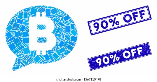 Mosaic Bitcoin message pictogram and rectangle seal stamps. Flat vector Bitcoin message mosaic icon of scattered rotated rectangular elements. Blue caption rubber stamps with rubber surface.