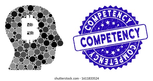 Mosaic Bitcoin mind icon and distressed stamp watermark with Competency caption. Mosaic vector is composed with Bitcoin mind icon and with random spheric spots. Competency stamp uses blue color,
