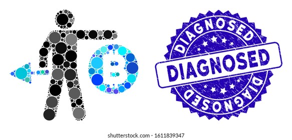 Mosaic Bitcoin miner icon and corroded stamp seal with Diagnosed text. Mosaic vector is composed with Bitcoin miner icon and with randomized spheric items. Diagnosed stamp uses blue color,
