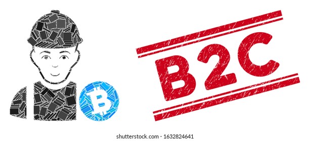 Mosaic Bitcoin miner icon and red B2C rubber print between double parallel lines. Flat vector Bitcoin miner mosaic icon of random rotated rectangle elements.
