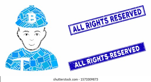 Mosaic Bitcoin miner pictogram and rectangle All Rights Reserved watermarks. Flat vector Bitcoin miner mosaic pictogram of scattered rotated rectangle items.