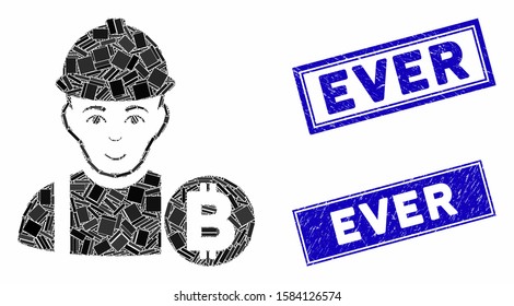 Mosaic Bitcoin miner pictogram and rectangle Ever rubber prints. Flat vector Bitcoin miner mosaic pictogram of randomized rotated rectangle items. Blue Ever rubber stamps with rubber textures.