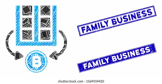 Mosaic Bitcoin mining farm pictogram and rectangle watermarks. Flat vector Bitcoin mining farm mosaic pictogram of random rotated rectangular elements. Blue caption rubber seals with rubber texture.