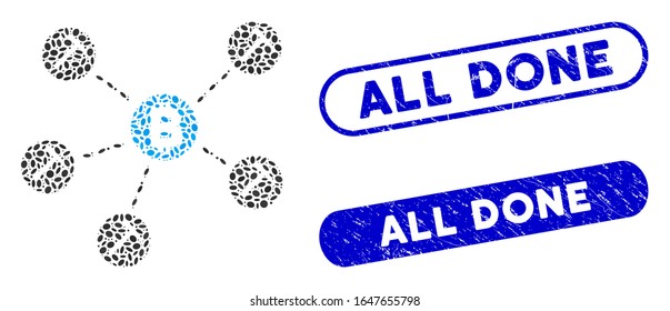 Grupo de minería de bitcoin mosaico y marcas de agua con sellos angustiados con texto All Done. El grupo de minería de bitcoin vector mosaico se crea con elementos ovales aleatorios. Todos los sellos de sello Listo utilizan color azul,
