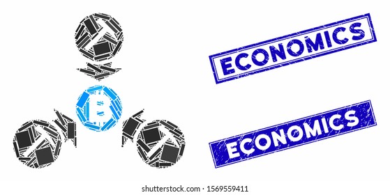 Mosaic Bitcoin mining pool icon and rectangle rubber prints. Flat vector Bitcoin mining pool mosaic icon of scattered rotated rectangle elements. Blue caption seal stamps with rubber texture.